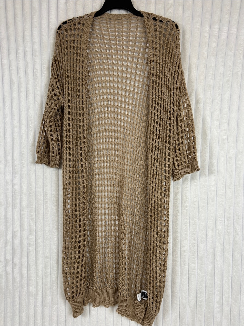 Tan long open knit crochet cardigan boHo hippie chic size large